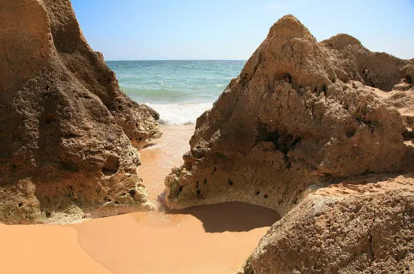 Praia da Baleeira sheltered cove beach inside Albufeira harbour, Algarve